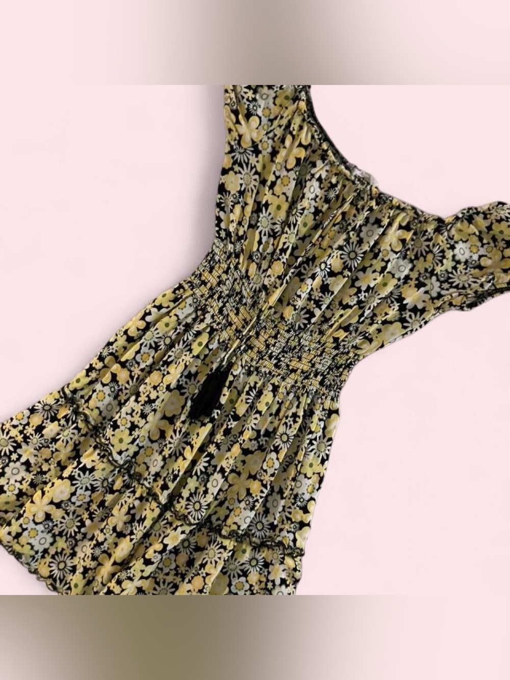 Women’s Yellow Floral Midi Dress with Smocked Waist